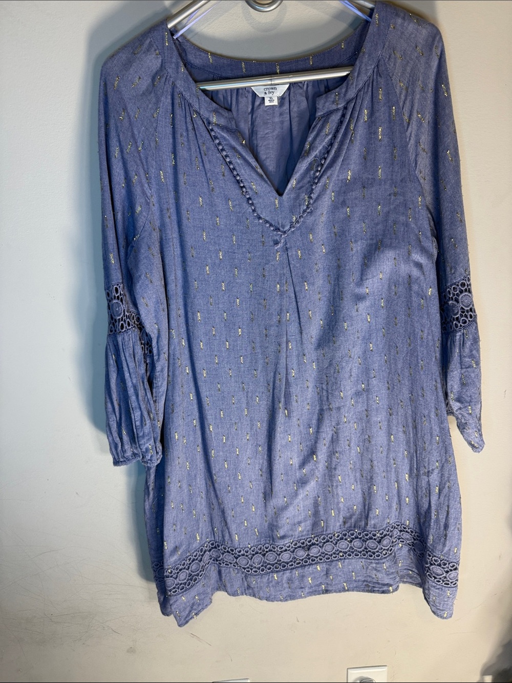 crown & ivy Blue Tunic with Gold Metallic Dots I think you can wear as a dress